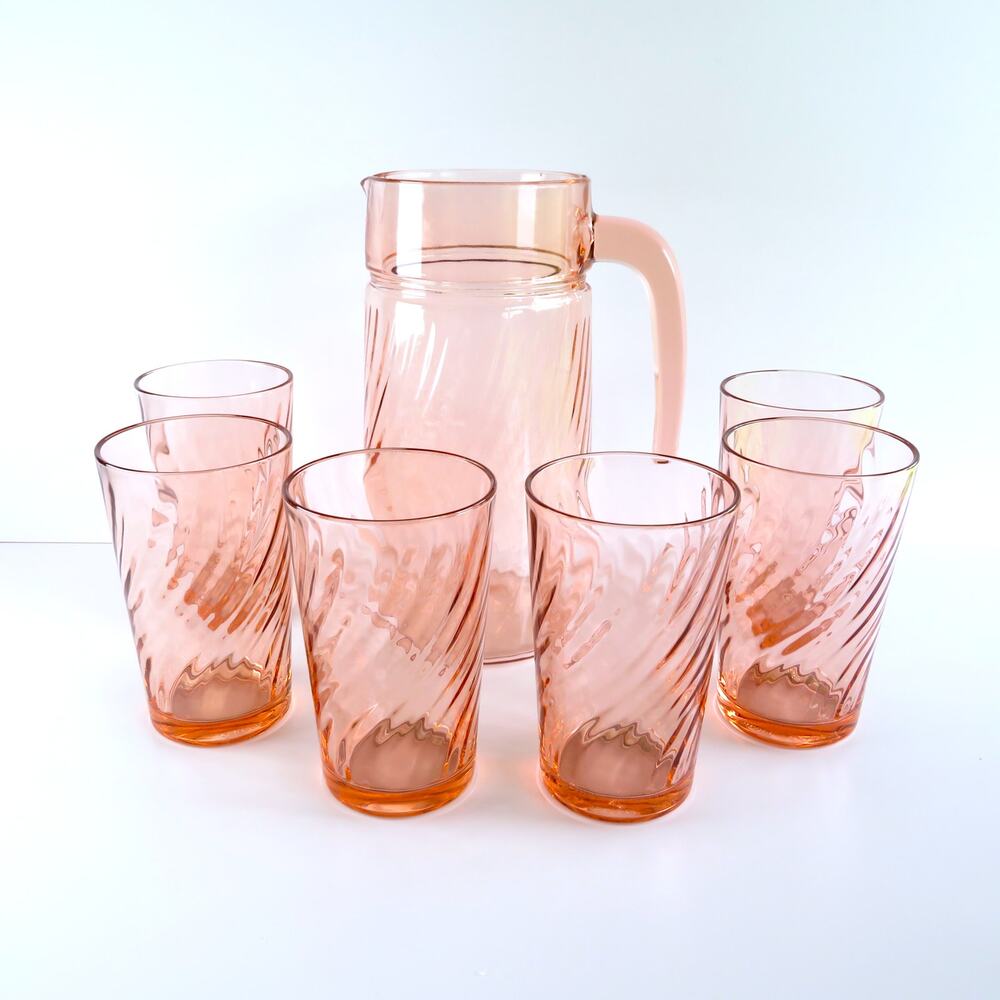 Vintage Arcoroc France Rosaline Pink Swirl Pitcher and Glasses 7 Piece Set